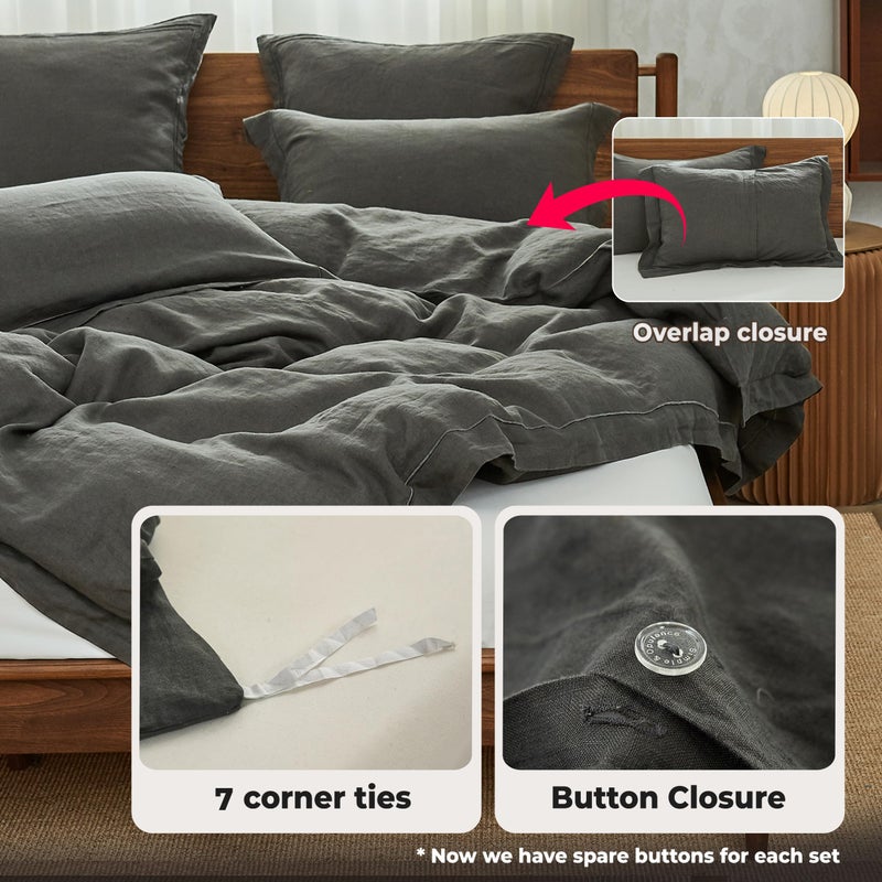 Simple&Opulence 100% Washed Linen Duvet Cover with Embroidered, 3 Pieces Soft Farmhouse Comforter Set with Button Closure,1 Duvet Cover and 2 Pillowshams(King,Charcoal Grey) - Image 4